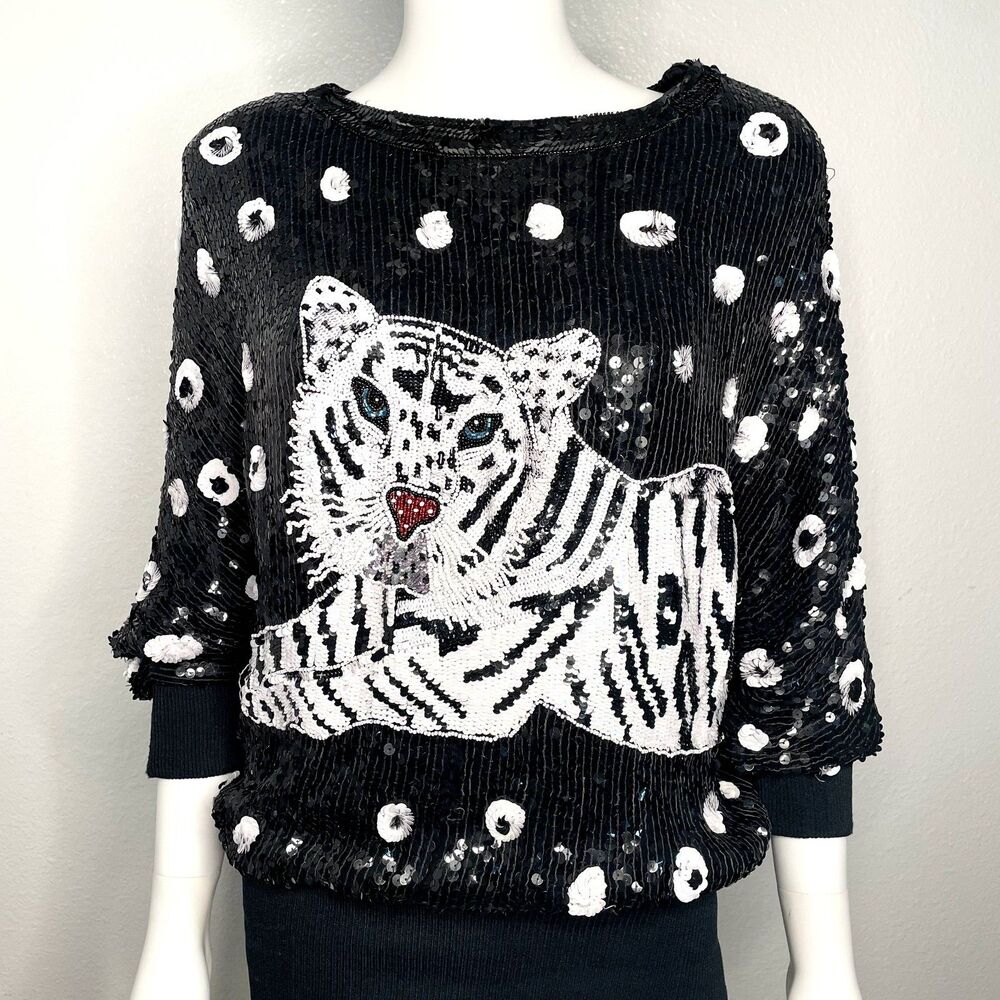 I.Magnin Rare Vintage 70s/80s Sequined Beaded Tiger Blouse Top SZ M